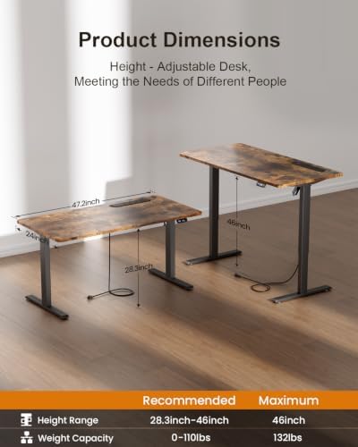 HLDIRECT 47" Electric Standing Desk with Power Outlets, Brown - Image 3