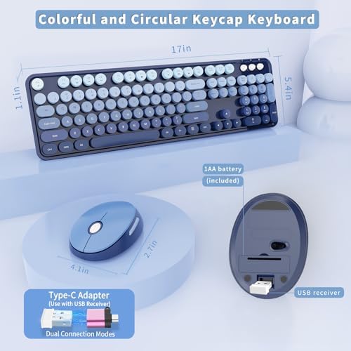 Wireless Keyboard and Mouse Combo, Ergonomic Full Size Typewriter Retro Round Keycaps Keyboard, Compatible with Windows, PC, Perfer for Home and Office Keyboards (Twilight Blue - Image 5
