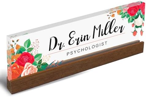 Artblox Personalized Office Desk Name Plate and Business Card Holder | Clear Acrylic Glass with Teak Wood Stand |Mixed Flowers Design Customized with Your Name and Credentials Office Desk Décor - Image 5