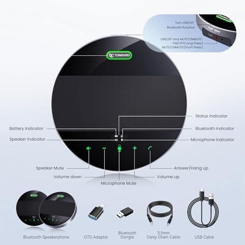 TONGVEO 2-in-1 Conference Speaker and Microphone, Daisy Chain Wireless Bluetooth Speakerphone with 360° omnidirectional mics USB/Dongle/Bluetooth Connection 18H Talk Time for 15-30 People Meeting - Image 5