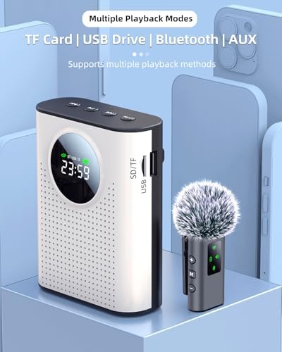 S67 Voice Amplifier Wireless Microphone Dual for Teachers Classroom Rechargeable, Mini Lavalier Lapel Mic, Portable Speaker PA System with LED Display for Class, Tour Guide, Coaches, White - Image 6