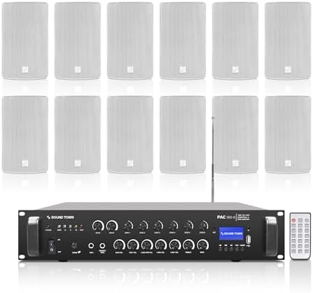 Sound Town Commercial Restaurant Bluetooth Amplifier + Surface-Mount Speaker Set, with One 6-Zone 70V/100V Amplifier with Bluetooth, 12 x 6.5-Inch Surface-Mount Speakers, White (PAC360X12TV6W) by SOUNDTOWN