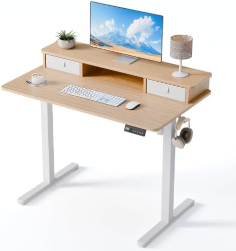 40" x 24" Electric Standing Desk with Dual Drawers, Light Walnut by YOLEZO