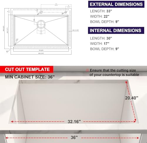 33x22 Drop In Single Bowl 33 Inch Topmount Handmade Kitchen Sink - Image 7