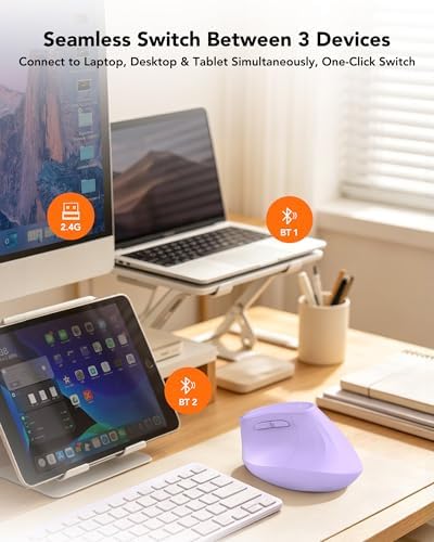 KYSONA Ergonomic Mouse Wireless, Bluetooth Vertical Mouse, 5-Level Adjustable DPI, 2.4G Silent Switch Mice for Windows, MacOS, IPadOS, Laptop, PC, Purple - Image 5
