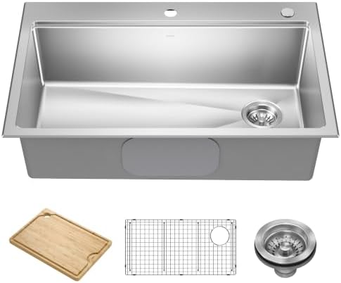 KRAUS Fairlane 33 in Drop In/Top Mount Workstation Single Bowl 18-Gauge Stainless Steel Kitchen Sink with Accessories, KWT610-33 by Unknown