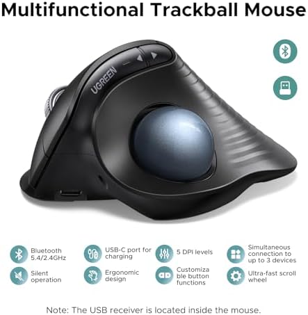 UGREEN M785DR Wireless Trackball Mouse, Bluetooth & 2.4G, Thumb Control - Image 2