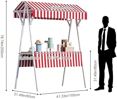 Outdoor Vendor Cart with Canopy, Red Farmers Market Stand - Image 2