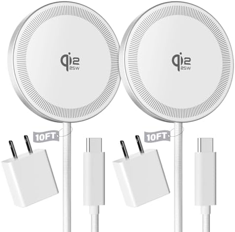 2Pack Magnetic Wireless Charger 25W Fast Charger for iPhone 17/16/15/14/13/12 Series & AirPods, Portable Wireless Charging Pad for Travel Home Office Desk, 10FT-White with Plugs by Tagzilo