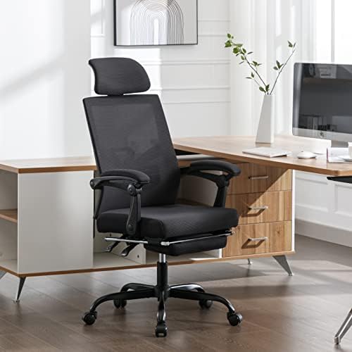 Qulomvs Mesh Ergonomic Office Chair with Footrest Home Office Desk Chair with Headrest and Backrest 90-135 Adjustable Computer Executive Desk Chair with Wheels 360 Swivel Task Chair by Qulomvs