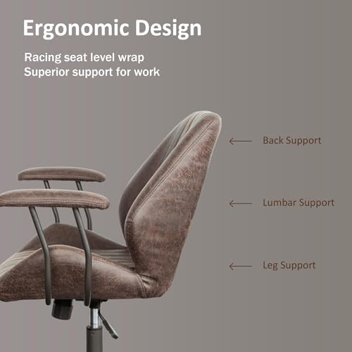 Mid Back Home Office Chair, Mid Century Modern Leather Computer Desk Chair, Comfy Executive Rolling Swivel Task Chair with Wheels Armrest Height Adjustable,Dark Brown - Image 3
