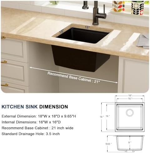 Lordear 18 Inch Black Granite Composite Kitchen Sink Workstation 18x18 Matte Black Undermount Quartz Sinks Under Counter Single Bowl Sink with Black Accessories - Image 6
