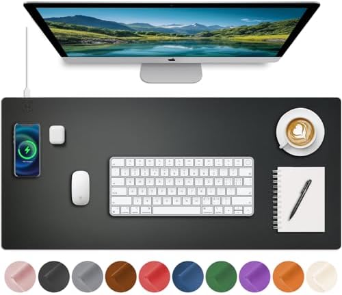 Desk Mat with Wireless Charging, Black Mouse Pad with Wireless Charger, Desk Pad Matt for Desktop, Mousepad Gaming Large Mouse Pad, Leather Compute for Keyboard and Mouse, 32" x 16" by HopeLum