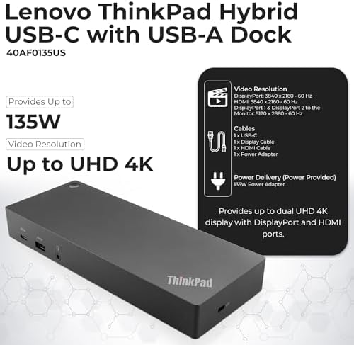 40AF0135US Lenovo Docking Station Dual Monitor Hybrid USB-C with USB-A - 1 Year Warranty, Thinkpad Dock w/ 135W Adapter, ANYHDD HDMI, DisplayPort, USB-C Cables, Cloth - Lenovo Laptop Docking Station - Image 3