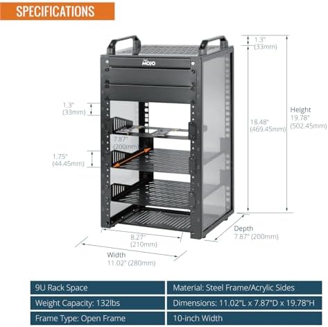 Tecmojo 9U Network Rack, 10 inch Mini Server Rack with 2 Side Translucent Panels & 2 Top Handles, 7.87 inch Deep, for 10 inch IT Equipment & A/V Devices, Black - Image 2