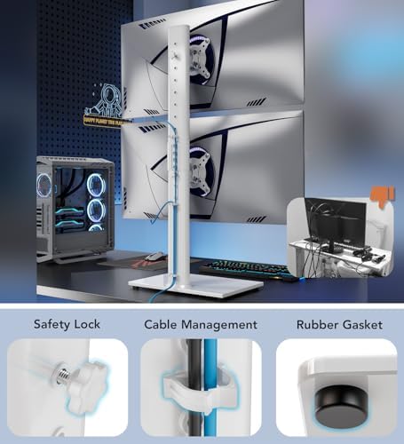 Hemudu Dual Monitor Stand - Vertical Stack Screen Free-Standing Monitor Riser Fits Two 13 to 34 Inch Screen with Swivel, Tilt, Height Adjustable, Holds One (1) Screen up to 44Lbs HT05W-002 White - Image 6