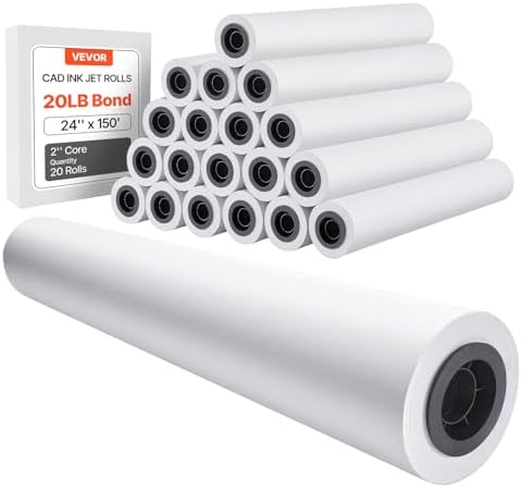 VEVOR Wide Format Paper, 24 in x 150 ft Plotter Roll, 20 Rolls CAD Bond Rolls with 2 in Core, 20 LB Bond Paper Rolls, Ideal for CAD Drawings, Engineering Plans, GIS Maps, and Architectural Designs by VEVOR