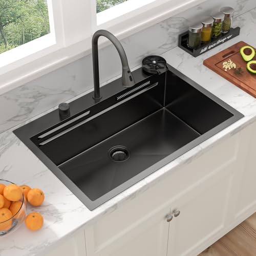 Sarlai 33 Inch Black Waterfall Kitchen Sink Drop In - 33x22 Inch Drop In Waterfall Sink Ledge Workstation Black Stainless Steel 16 Guage Single Bowl Kitchen Basin with Faucet - Image 5