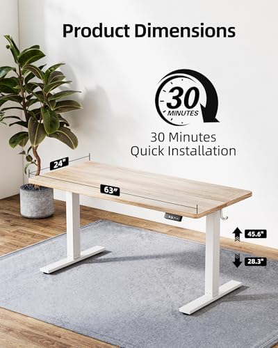 TIQLAB Standing Desk 63 x 24 inch, Electric Height Adjustable Desk with Splice Board, Sit Stand Desk Computer Table for Home Office, White Frame/Maple Top - Image 3