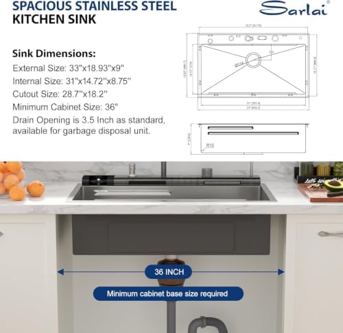 Sarlai Waterfall Kitchen Sink 33 Inch Drop In Sinks 33x19 Inch Workstation - Image 7