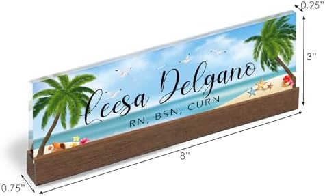 Artblox Personalized Office Desk Name Plate and Business Card Holder | Clear Acrylic Glass with Teak Wood Stand | Sand Beach Design Customized with Your Name and Credentials Office Desk Decor - Image 3
