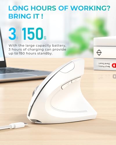 Lekvey Ergonomic Mouse, Rechargeable Vertical Wireless Mouse, White - Image 4