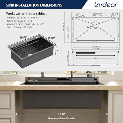Lordear 30 Inch Black Drop In Smart Kitchen Sink with Waterfall Faucet - Image 7
