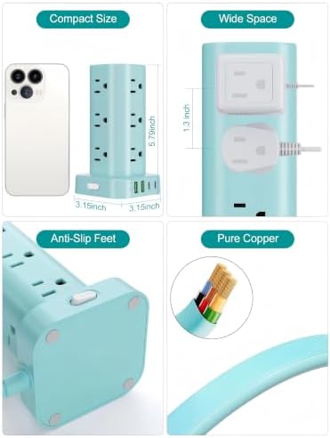 Power Strip Tower with Wireless Charger, Flat Plug Surge Protector Tower with 6FT Extension Cord, 12 AC Multiple Outlets, 4 USB (2 USB C),15W Wireless Charging Power Tower for Home Office Dorm, Blue - Image 3