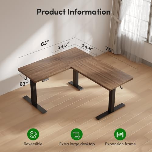 FEZIBO Triple Motors 25mm Tabletop L Shaped Standing Desk, 63" X 55" Electric Standing Gaming Desk Adjustable Height, Corner Stand up Desk with Splice Board, Black Frame/Black Walnut Top - Image 2