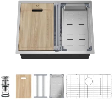 24 Inch Undermount Kitchen Sink 16 Gauge Stainless Steel Ledge Workstation Sink Round Corners Deep Single Bowl Kitchen Sinks with Accessories 24"x19"x10" by BuyNow