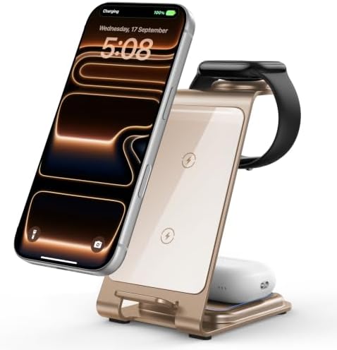 Intoval Aluminum 3 in 1 Wireless Charging Station for iPhone 17 16 15 14 13 12 11 Pro Max XR, Wireless Charger for Apple Watch 11 10 9 8 7 Ultra SE 3 2, Phone Charger for AirPods 4 Pro 2 3 (Desert) by Intoval