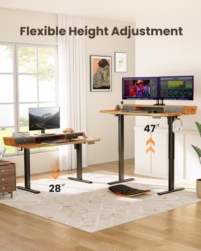 ErGear Electric Standing Desk with Drawers, 55″ x 28″ Gaming Table Compatible Monitor Stand, Stand up Desks, Home Office Height-Adjustable Desk with Storage Shelf, 4 Preset Heights, Vintage Brown - Image 4