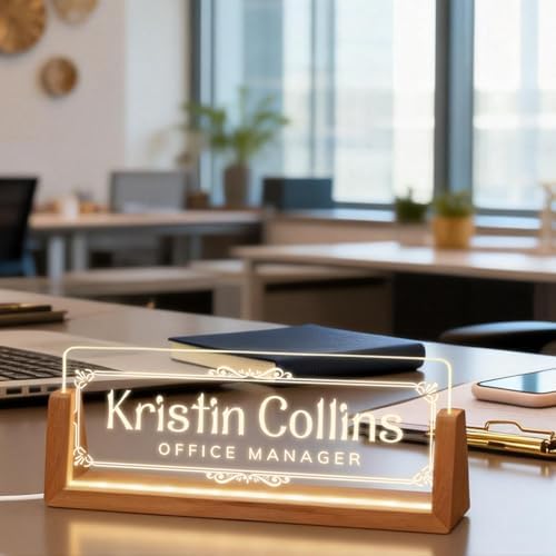 Personalized Light Up Acrylic Desk Name Plate - Custom Name Plate for Desk with Walnut Wood Base - Appreciation Office Gifts for Employees, Teacher, Social Worker (Vintage Frame) - Image 2