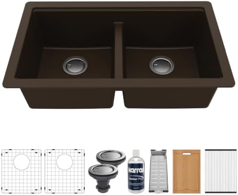 Karran 32.5" Brown Quartz Composite Undermount Double Bowl Workstation Kitchen Sink, 50/50 Chef Prep Station with Cutting Board, Roll-Up Mat, Colander, Bottom Grids and Accessories – QUWS-880 by Karran