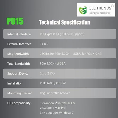 GLOTRENDS PU15 U.2 (SFF-8639) to PCIe 5.0 X4 Adapter, Aluminum Backplate - Image 6