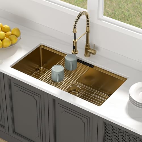 Lordear Gold Undermount Kitchen Sink 36" x 19" Stainless Steel Sinks 16 Gauge Single Bowl Ledge Workstation Handmade Under Counter Kitchen Sink Basin with Built-In Accessories - Image 3