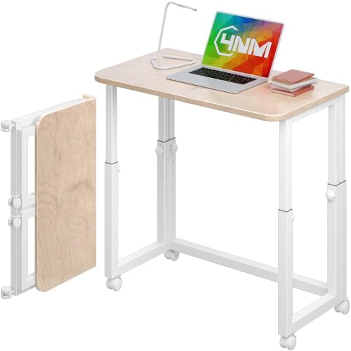 4NM No Tool Assembly 27.5" Small Desk, Folding Portable Desk with Wheels, Foldable Computer Home Office Desks, Collapsible Study Writing Table for Space Saving Bedroom - Cloud Oak by 4NM