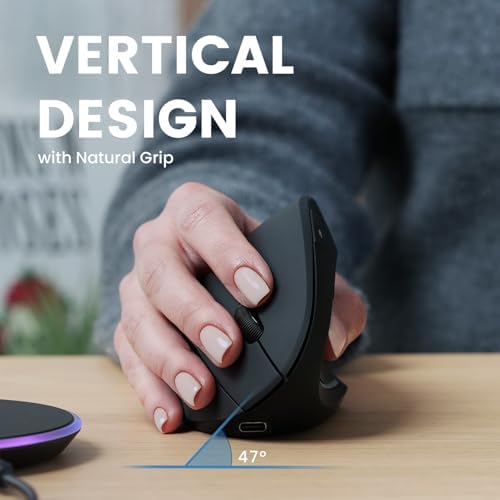Perixx PERIMICE-713RX Wireless Rechargeable Vertical Mouse - Duo Wired and Wireless Charging Feature - Charging Pad Included - 6 Buttons Design - Black - Right-Handed Design - Image 2