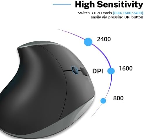 Ergonomic Mouse,Rechargeable Small Vertical Mouse with 6 Buttons Adjustable 800/1200/1600 DPI Purple Wireless Mouse for Laptop, Desktop, PC, MacBook (Gray) - Image 5