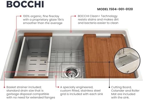 BOCCHI Contempo Workstation Apron Front Step Rim Fireclay 33 in. Single Bowl Kitchen Sink with Accessories in White - Image 4