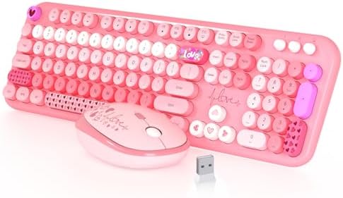 Wireless Keyboard and Mouse,MOFII 104 Round Keys Lovely Full-Size Cute Colorful Keyboard and Mouse with Retro Typewriter for PC/Mac/Laptop/Tablet/Computer/Windows Pink by MOFII