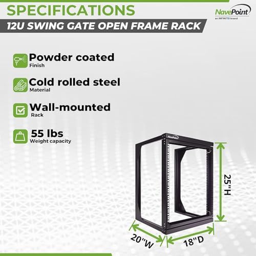 NavePoint 12U Server Rack with Swing Gate - Wall Mount Rack for 19 Inch IT Equipment Open Frame Rack – Network Rack Wall Mount for AV & Server Equipment 18” Deep Rack, Black - Image 4
