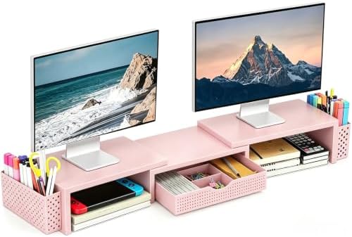 Spacrea Dual Monitor Stand Riser with Drawer and 2 Pen Holders by Spacrea