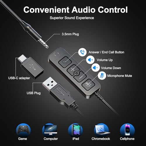 USB Headset with Microphone for PC, 3.5mm & USB A/Type C Wired Computer Headset, Corded PC Headphone with Noise Cancelling Mic, Office Headphones for Business Call Center Teams Laptop - Image 4