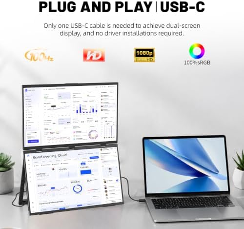 18.5" FHD 1080P Dual Portable Monitor 100% sRGB Laptop Screen Extender, 330° Screen Adjustment & 135° Stand, VESA Mountable, USB-C/HDMI, Travel Monitor for Laptop, Windows - Image 3