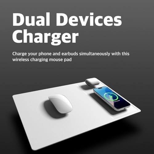 POUT H3 PRO Dual Qi Wireless Charging Mouse Pad – Dual Fast Wireless Chargers for Smartphones and Earbuds – Smooth Surface with Anti-Slip Base for Home and Office Use (Polar White) - Image 2