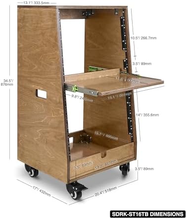 Sound Town DIY Slanted 16U Studio Rack (8U Top + 8U Lower), with 2U Bottom Storage, Slide-Out Tray, Caster, Plywood, Weathered Brown for Recording Room, Home Studio (SDRK-ST16TB) - Image 5