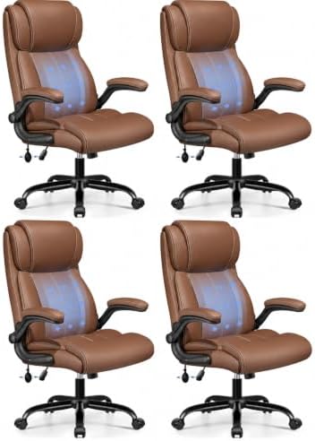 BESTFAIR High Back Leather Office Chair with Air Lumbar, Flip Arms, Brown by BESTFAIR