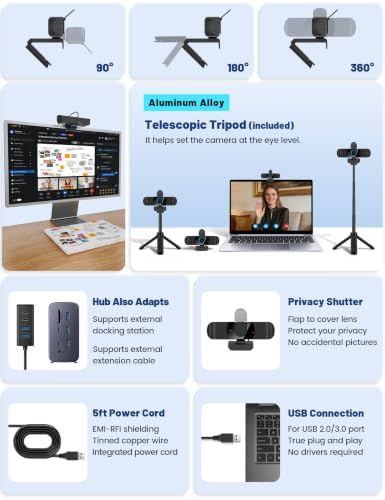 Pro QHD 2K/60fps Webcam with Tripod, External USB Camera for PC/Laptop - Image 3