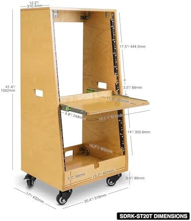 Sound Town DIY Slanted 20U Studio Rack (12U Top + 8U Lower), with 2U Bottom Storage, Slide-Out Tray, Caster, Plywood, Golden Oak for Recording Room, Home Studio (SDRK-ST20T) - Image 5